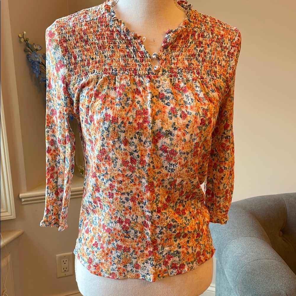 Cynthia Rowley Multicolor Floral Smocked Blouse 3/4 sleeves